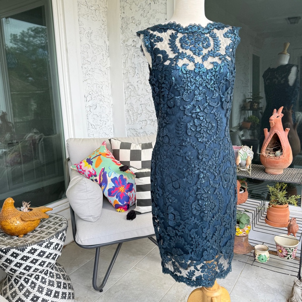 Tadashi Shoji Elegant Lace Dress in Navy Blue